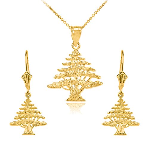 14 ct amarillo dorado juego de pendientes y collar de árbol de cedro del Líbano (viene con un 45 cm cadena)