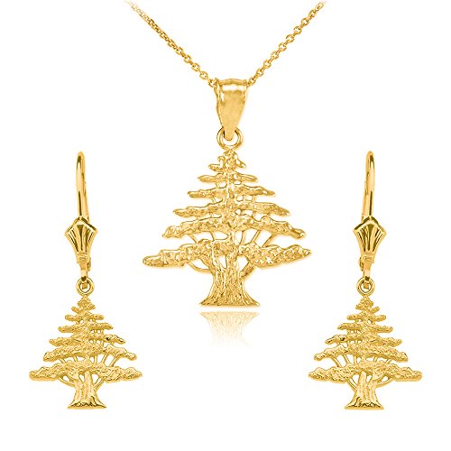 14 ct amarillo dorado juego de pendientes y collar de árbol de cedro del Líbano (viene con un 45 cm cadena) 14 ct amarillo dorado juego de pendientes y collar de árbol de cedro del Líbano (viene con un 45 cm cadena)
