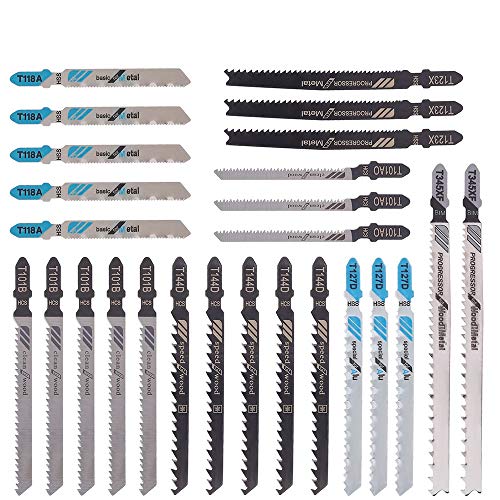 25PCS Hojas de Sierra de Calar Vástago en T Fabricado con HCS/HSS/BIM, Cuchillas Surtidas para Corte de Madera, Plástico y Metal 25PCS Hojas de Sierra de Calar Vástago en T Fabricado con HCS/HSS/BIM, Cuchillas Surtidas para Corte de Madera, Plástico y Metal