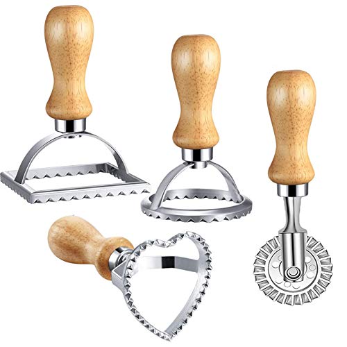 4 Piezas Cortadores de Raviolis, Moldes y Rodillo para Cortar Raviolis, Moldeador de Ravioles con Mango Madera, para Hacer Raviolis, Empanadillas o Galletas 4 Piezas Cortadores de Raviolis, Moldes y Rodillo para Cortar Raviolis, Moldeador de Ravioles con Mango Madera, para Hacer Raviolis, Empanadillas o Galletas