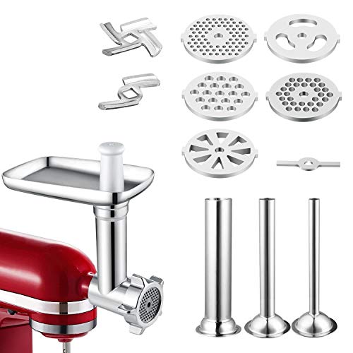 Accesorio de metal para molinillos de alimentos compatible con todas las mezcladoras KitchenAid incluye 3 tubos de embutidos, accesorio duradero para molinillo de carne KitchenAid