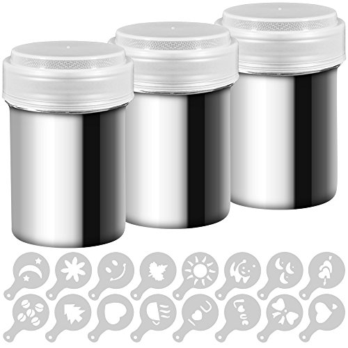 AIFUDA - Juego de 3 espolvoreadores de acero inoxidable con tapa de malla fina, ideal para espolvorear café o cacao, para repostería en el hogar o en el restaurante, con 16 plantillas de estarcido. AIFUDA - Juego de 3 espolvoreadores de acero inoxidable con tapa de malla fina, ideal para espolvorear café o cacao, para repostería en el hogar o en el restaurante, con 16 plantillas de estarcido.