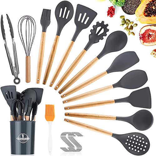 AMAYGA Utensilios Cocina de Silicona,25 Piezas Juego de Utensilios de Cocina,Antiadherente con Mango de Madera,Resistentes Al Calor Utensilios De Cocina,espátula, cuchara,cucharón