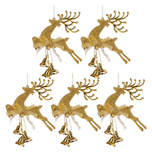 Amosfun Juego de 5 figuras de reno con cascabel para árbol de Navidad, decoración para fiestas, color dorado