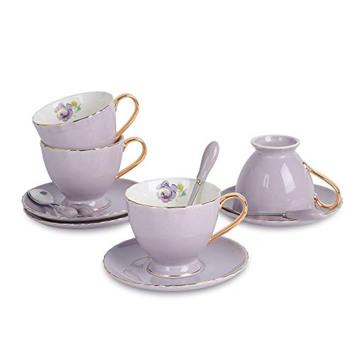 Artvigor 4 Juegos de Tazas de Café de Porcelana, 220ml, Juegos de Café de Cerámica Vajillas de té para Hogar, Oficina, Cafetería, Restaurante, Regalo para Cumpleaños, Festival - Flores, Violeta Claro