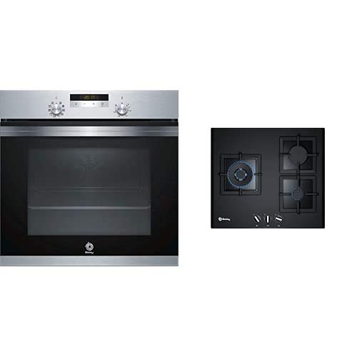 Balay Horno 3HB4331X0 AQUALISIS INOX Rail Aq, 71 litros, Negro, Acero inoxidable + 3ETG663HB - Placa de gas de cristal templado, parrillas hierro forjado, 3 quemadores, 60 cm de ancho, color negro