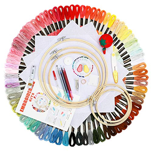 BangShou Punto de Cruz Kit 100 Hilos de Color, Bastidores,Telas de Punto de Cruz, Agujas y Accesorios Herramienta de Coser Manualidades Kit (Traje de Lujo con 100 Hilos de Color)
