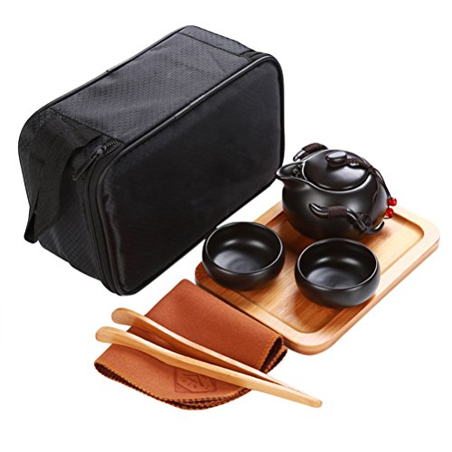 BESTONZON Juego de té Kungfu de estilo tradicional chino, tetera de porcelana hecha a mano 2 tazas de té Juego de té de bandeja de té con una bolsa de almacenamiento portátil (negro)