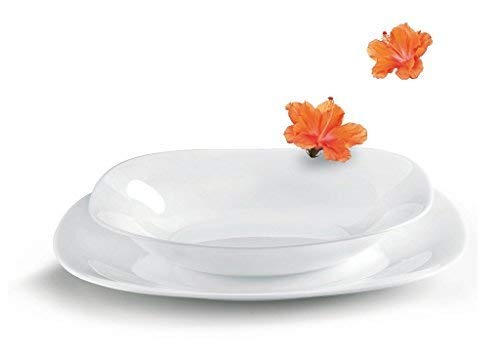 Bormioli Rocco - Juego de vajilla de vidrio opalino blanco, cuadrada, de 18 piezas, de Parma, de 6 platos de cada artículo, llanos y soperos Bormioli Rocco - Juego de vajilla de vidrio opalino blanco, cuadrada, de 18 piezas, de Parma, de 6 platos de cada artículo, llanos y soperos