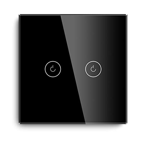 BSEED Interruptores de luz de pared Smart WiFi Touch Sensor (se necesita alimentación neutra) Panel de vidrio compatible Alexa/Tuya/IFTT 2 Gang 1 Via Negro