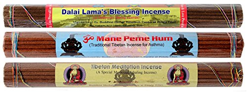 BUDDHAFIGUREN Conjunto de incienso tibetano de 3 Dalai Lama Bendición Incienso y meditación tibetana Incesne y Om Mani Padme Hum Incienso con dorje y bolsa