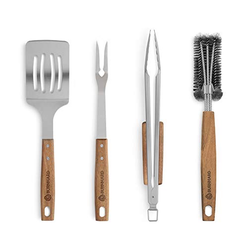 BURNHARD Set de 4 Cubiertos para Barbacoa de Acero Inoxidable y Madera de Acacia Utensilios Barbacoa Accesorios Set Kit Barbacoa