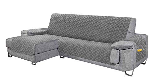 Cabetex Home - Cubre sofá - Chaise Longue - Reversible con ajustes y Bolsillos - Microfibra Acolchada Antimanchas (Gris)