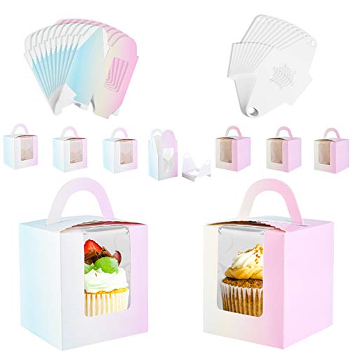 Cajas para cupcakes con ventana individual para tartas, con asa, caja de regalo pequeña para pasteles, para decoración de bodas, cumpleaños, fiestas, paquete de 20