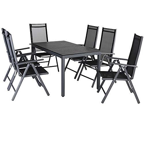 Casaria Conjunto de jardín Bern Negro Juego de 6 sillas y 1 Mesa Exterior Set de Muebles de Aluminio Comedor Interior