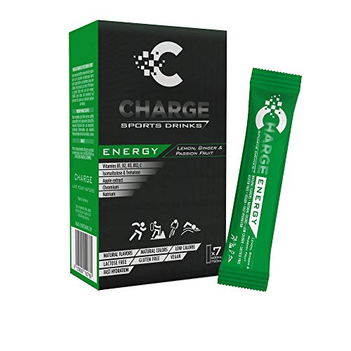 CHARGE Sports Drink - ENERGY – Bebida en polvo para una duradera energía del deportista- hipotónica - con sodio, vitaminas, electrolitos y minerales – sabor a limón, maracuyá y jengibre - 7 sobres