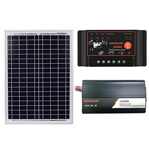 Cikuso Panel Solar de 18V20W + Controlador de 12V 50A / 60A + Inversor de 1200W Dc12V-Ac230V Kit de GeneracióN de Energía Solar, para Exteriores y para el Hogar (50A)