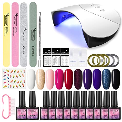 Coscelia 36W UV/LED Secador de Uñas Lámpara Uñas Kit Uñas de Gel 10pcs Esmaltes Semipermanentes de Uñas Soak off 8ml Base Coat Top Coat Manicura Pedicura Kit