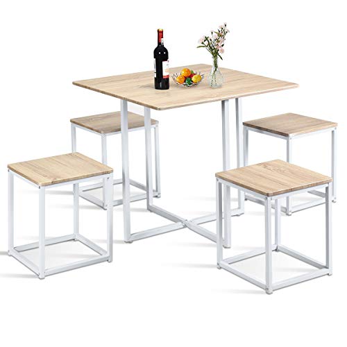 COSTWAY Juego de Mueble de 5 Piezas Mesa y 4 Sillas con Patas de Metal Mueble para Comedor Cocina Jardín