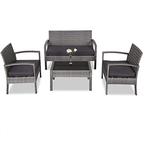 Deuba Conjunto de jardín de Poliratán Set Completo: 1Mesa 2Sillas 1Banco Gris Muebles de Exterior para balcón o terraza Deuba Conjunto de jardín de Poliratán Set Completo: 1Mesa 2Sillas 1Banco Gris Muebles de Exterior para balcón o terraza