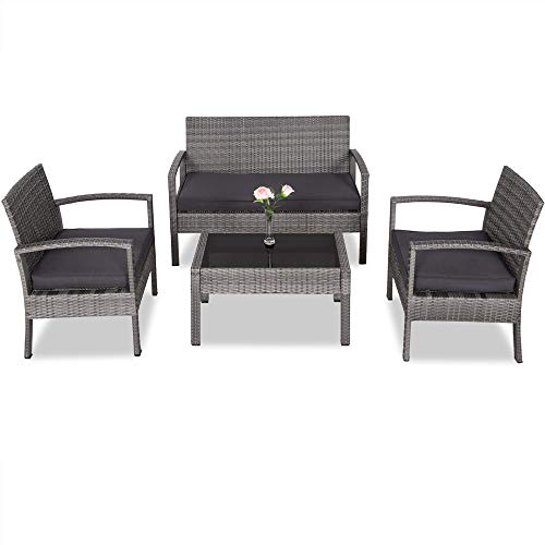 Deuba Conjunto de jardín de Poliratán Set Completo: 1Mesa 2Sillas 1Banco Gris Muebles de Exterior para balcón o terraza