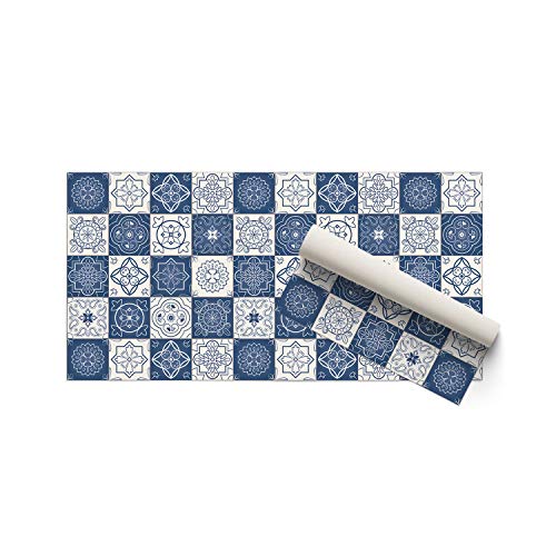 DON LETRA Alfombra Vinílica para Salón, Dormitorio y Cocina - Diseño de Baldosas Azules - 80 x 40 x 0.2 cm, ALV-003