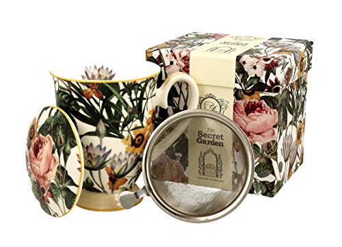 Duo Secret Garden - Juego de tazas de té (325 ml, con infusor y tapa, porcelana china, en caja de regalo), diseño de flores