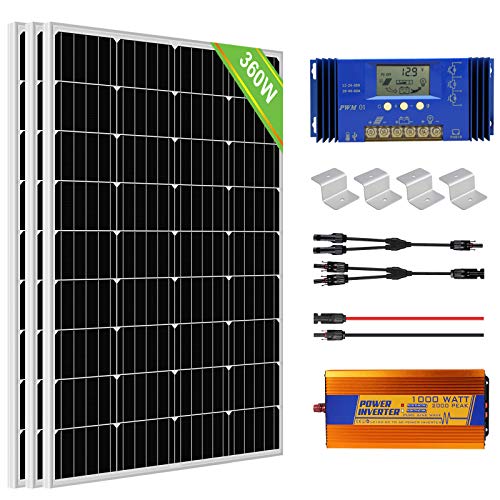ECO-WORTHY 360W 12V Sistema de panel solar fuera de la red con paneles solares de 120W + Controlador de carga de 20A + Inversor de 1000W 12V + Montajes para barco RV