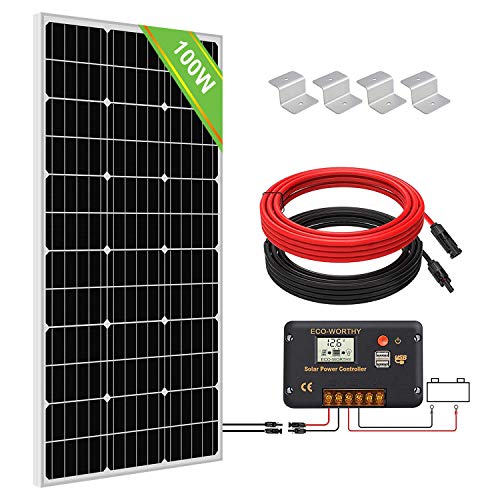 ECO-WORTHY Kit de sistema de paneles monocristalinos de 100 W, panel solar de 100 W con controlador de carga de 20 A para carga de energía de 12 V fuera de la red, RV, barco marino