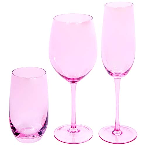 EME Mobiliario Juego de Copas de Cristal en Color Rosa Compuesto por 6 Copas de Cava, 6 Copas de Vino y 6 Vasos. Una Caja Contiene 18 Unidades.