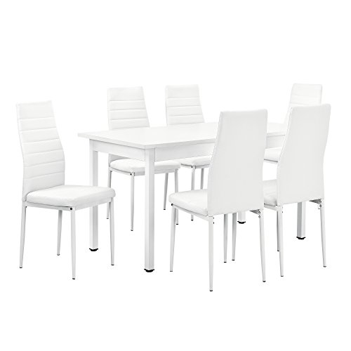 [en.casa] Juego de Comedor - Mesa Blanca 140cm x 60cm x 75cm + sillas Blancas 96 cm x 43cm