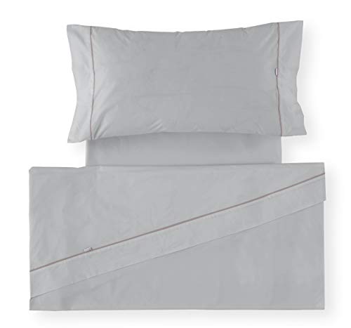 Es-Tela - Juego de sábanas liso con biés, color perla, cama de 150 cm (2 almohadas), algodón-poliéster, 4 piezas
