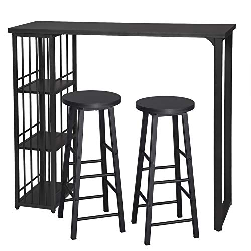 eSituro Juegos de Muebles Altas 1 Comedor Mesa y 2 Taburetes de Bar, Mesa de Bar Mesa de Cafetería Barra Cocina con Estructura de Metal con 3 Estantes 120x40x105cm Negro SBST0402+SBST0329-2