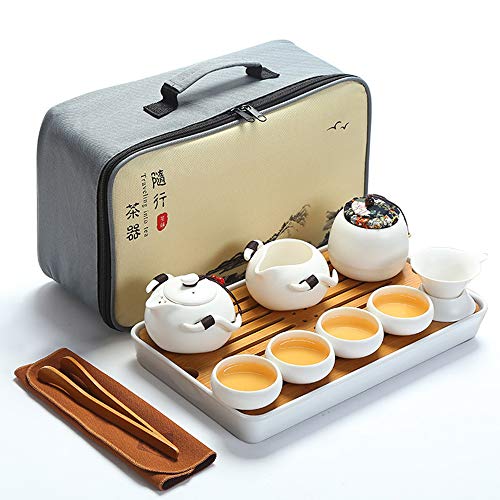 fanquare Portátil Juego de Té Kung Fu, Juego de Té Chino Hecho a Mano, Tetera de Porcelana, Tazas de té, Bandeja de Té de bambú, con Una Bolsa de Té de Viaje, Blanco