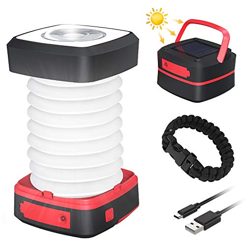 Farol Camping Recargable, GlobaLink Luz Camping Solar Linterna Camping Lampara Camping LED 140LM Carga Solar/USB Luz Baja/Alta/Parpadeo Ligero Plegable Portátil para Acampada, con USB Cable y Pulsera