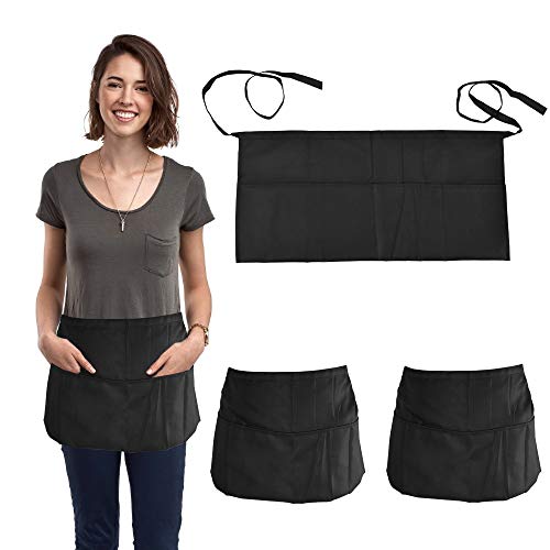 FAVENGO 3 Pcs Mandil Camarero Corto Negro Delantal De Cintura Mandil Negro Corto para Hombre y Mujer con Cuerda de 80 cm y 3 Bosillos Delantales Cortos para Camarero Chef Hosteleria Cocina Restaurante