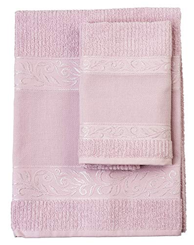 Filet – Juego de toallas de mano con invitados, 100% rizo de algodón, color liso, con inserto de tela Aida para bordar, color rosa