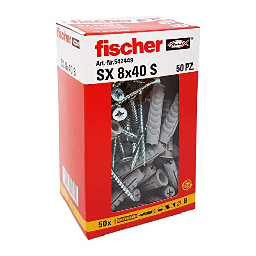 Fischer 542449 tacos con tornillo Izquierda, Gris, 8 x 40 mm, juego de 50 piezas