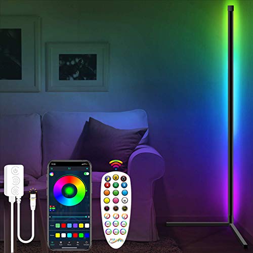 Fortand Lámpara de pie LED, Bluetooth APP Ambiente de ilusión ajustable de luz de ángulo recto luz de control remoto RGB pared esquina adecuada para el dormitorio de la Sala de estar