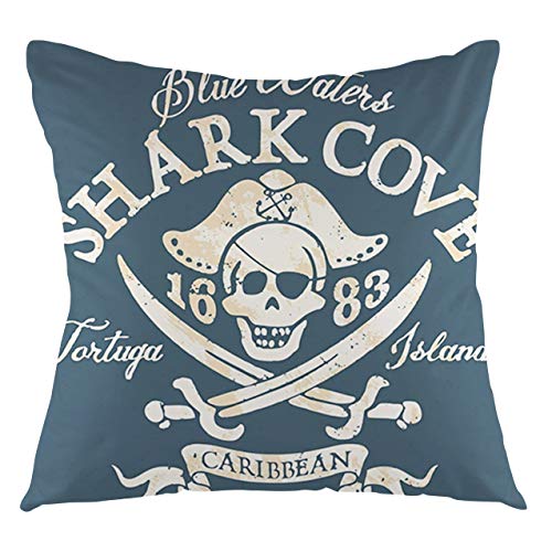 FULIYA Pirate Throw Pillow Cushion Cover Shark Cove Tortuga Island Caribbean Waters Retro Jolly Roger Decorative Square Accent Pillow Case, 22" X 22",Slate Blue White Light Mustard