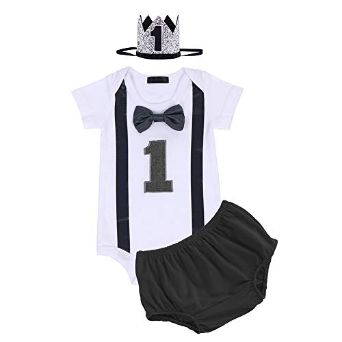 FYMNSI - Conjunto de 1 año de cumpleaños para bebé, de algodón, con pajarita de manga corta + pantalones cortos y corona para la cabeza, juego de 3 piezas Negro 01. 1 Años
