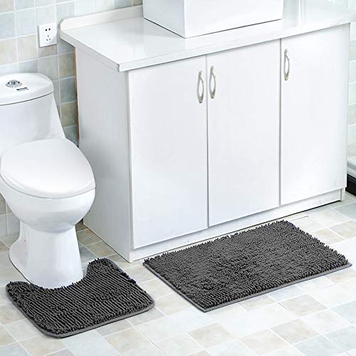 Gearific Juego de Alfombrillas de baño y Pedestal de 2 Piezas, Alfombrilla de baño Antideslizante Alfombrilla de baño Lavable Alfombra de baño para bañera de Piso Ducha Dormitorio (Gris Oscuro)