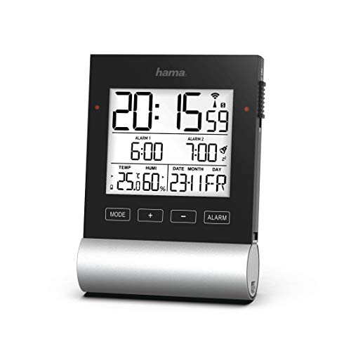 Hama Despertador Digital Black Line (Despertador Digital con Alarma de Velocidad, 2 alarmas y función de repetición, indicador de Fecha, Temperatura Interior y Humedad, Incluye Pilas), Color Negro