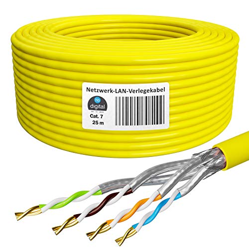 HB-Digital 25m cat 7 LAN de red digital Cable de instalación Cable 25m cat 7 Cobre Profi S/FTP PIMF LSZH Amarillo libre de halógenos Conforme a RoHS cat. 7 Cat7 Ethernet AWG 23/1 Color amarillo