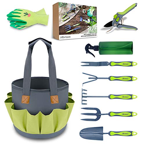 Hortem Juego de herramientas de jardín, 9 piezas de herramientas de jardinería que incluyen juego de paleta, bolsas de jardín grandes, guantes de jardín y podadora, regalos de jardinería