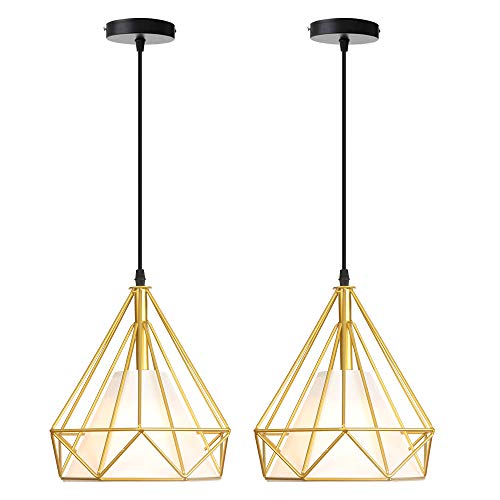 iDEGU – Juego de 2 lámparas de techo de estilo vintage con jaula de metal retro E27 lámparas de techo con forma de diamante con pantalla de tela, 25 cm, color dorado iDEGU – Juego de 2 lámparas de techo de estilo vintage con jaula de metal retro E27 lámparas de techo con forma de diamante con pantalla de tela, 25 cm, color dorado
