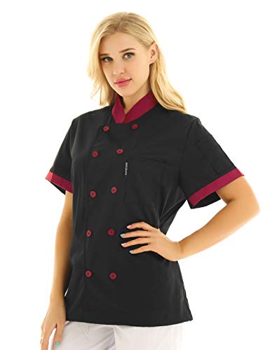 IEFIEL Camisa de Cocinero Camiseta Manga Corta Cuello Mandarín Unisexo para Hombre Mujer Chaqueta Chef con Botónes Uniforme de Cocina Hotel Restaurante Negro Medium