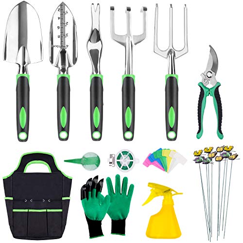 INPHER 33PCS Herramientas Jardinerías,Kit de Jardinería Acero Inoxidable,Tijeras Podar,Pala Jardinería,Guantes de Jardinería,Paleta y Rastrillo de Mano etc