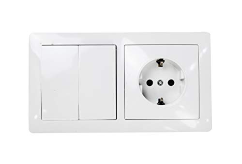 Interruptor doble con base schuko color blanco 10AX,16A,250V. (DOBLE INTERRUPTOR+1ENCHUFE)