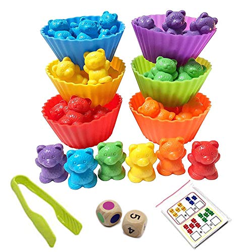 INTVN Juego de Osos de conteo de arcoíris con Tazas de clasificación y Pinzas a Juego - Juego de Juego de Colores de Montessori Rainbow - Juguetes educativos para niños pequeños(47Piezas Set)